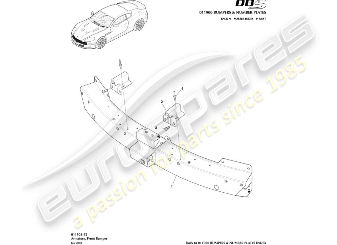 aston martin dbs (2014) diagrama de piezas de la armadura del parachoques delantero