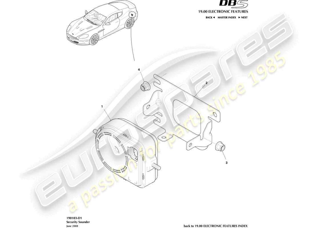 aston martin dbs (2013) diagrama de piezas de la sirena de seguridad