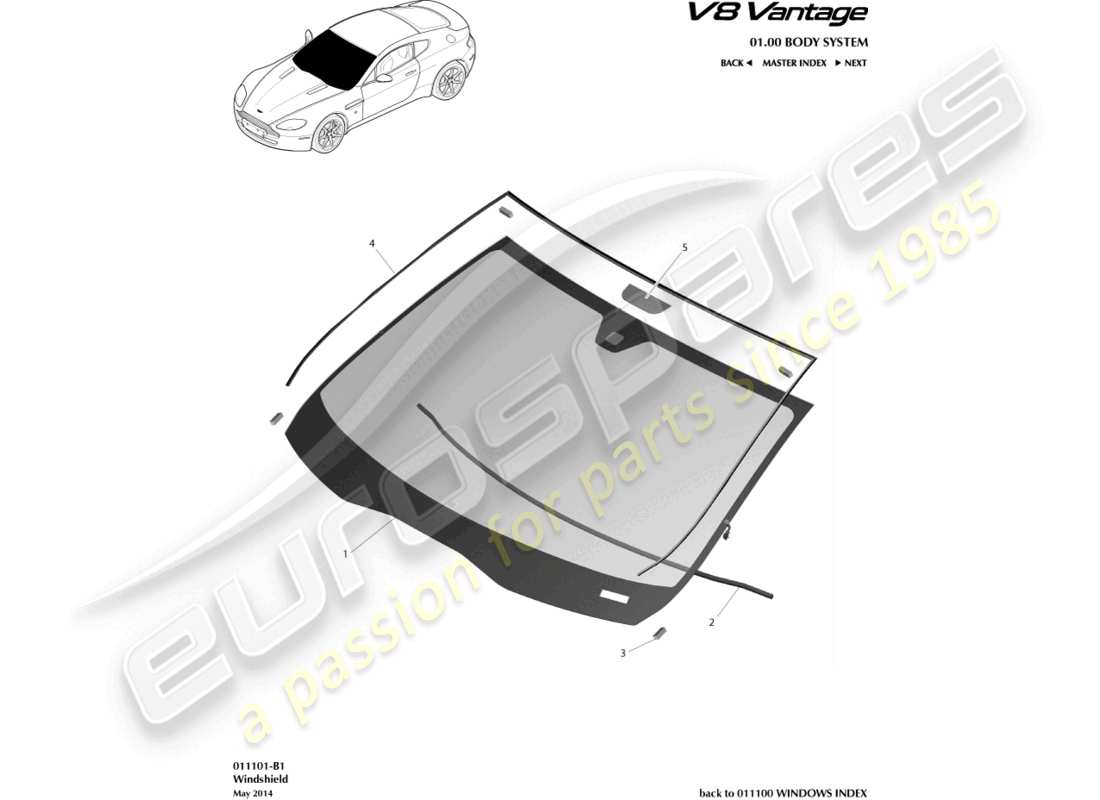 aston martin v8 vantage (2013) diagrama de piezas del parabrisas