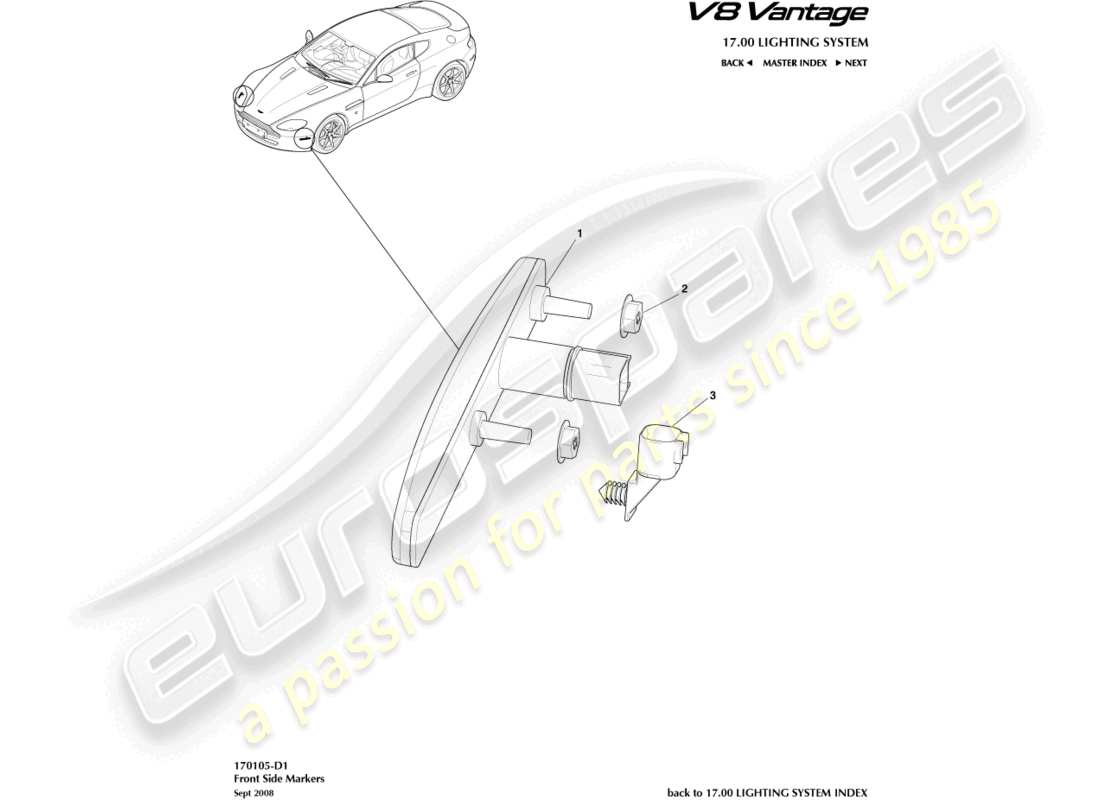 aston martin v8 vantage (2013) diagrama de piezas de los marcadores laterales delanteros