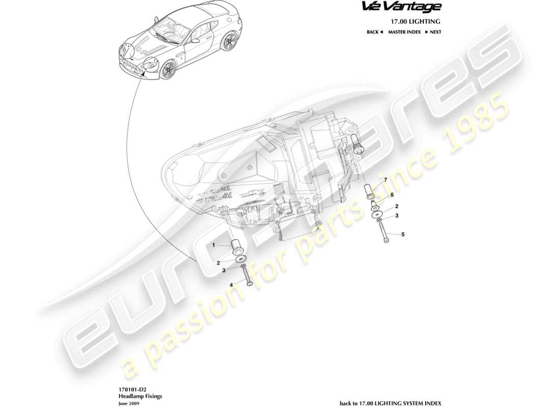 aston martin v12 vantage (2013) diagrama de piezas de fijaciones de faros