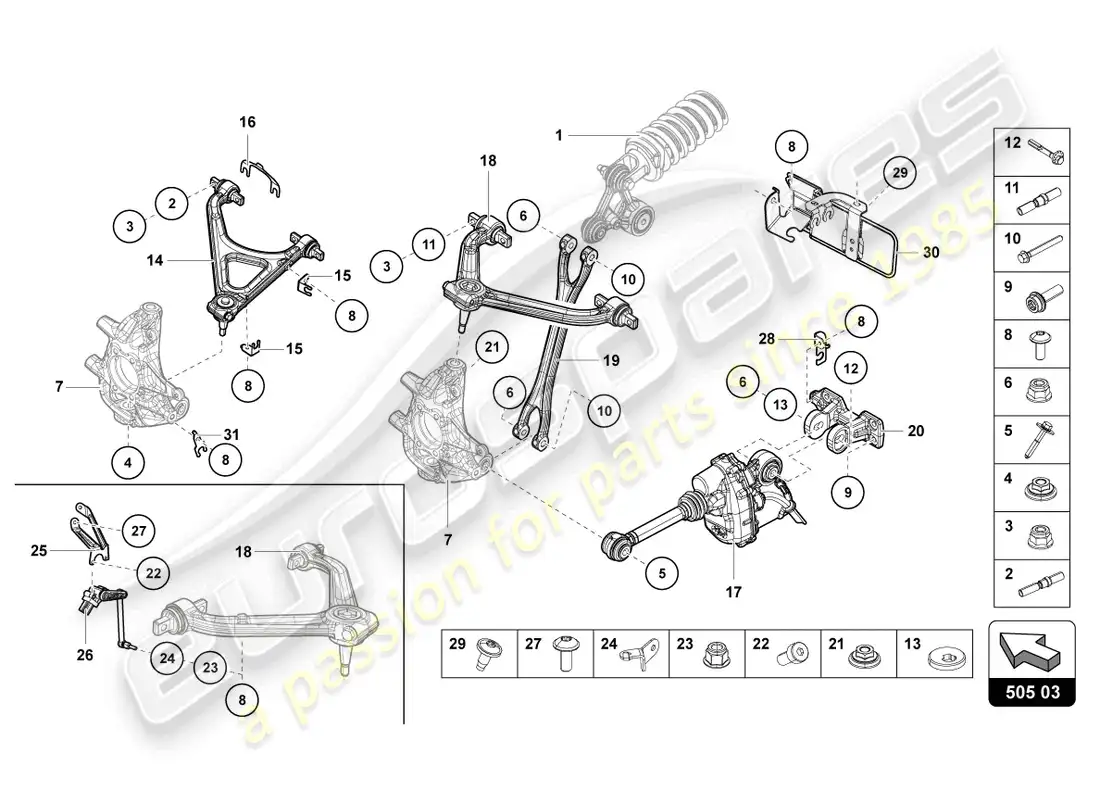 lamborghini sian (2020) suspensión trasera diagrama de piezas