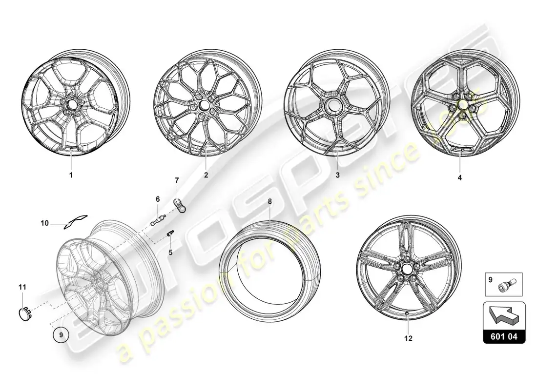 lamborghini evo coupe (2020) ruedas/neumáticos diagrama de piezas