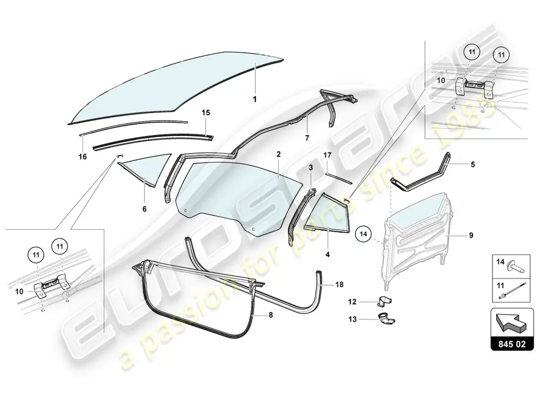 lamborghini lp700-4 roadster (2015) vidrios de ventanas diagrama de piezas