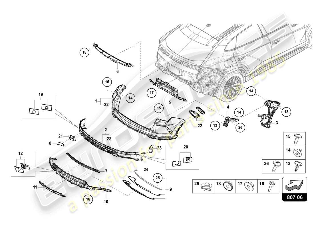 lamborghini urus performante (2024) parachoques trasero completo diagrama de pieza