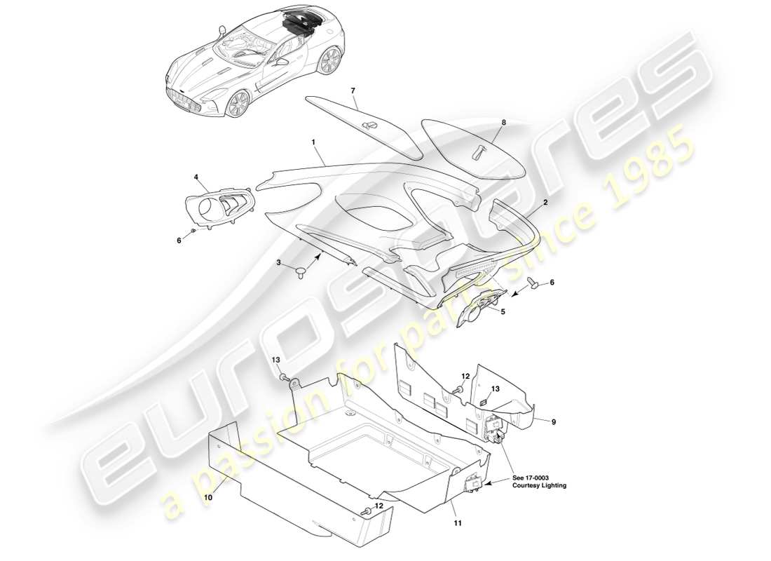 aston martin one-77 (2011) diagrama de piezas de ajuste del compartimento de carga