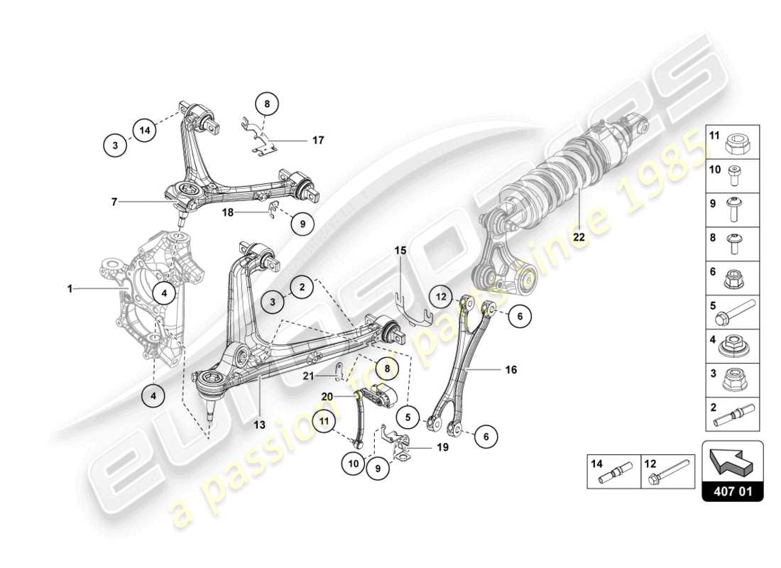 lamborghini countach lpi 800-4 (2022) suspensión delantera diagrama de piezas