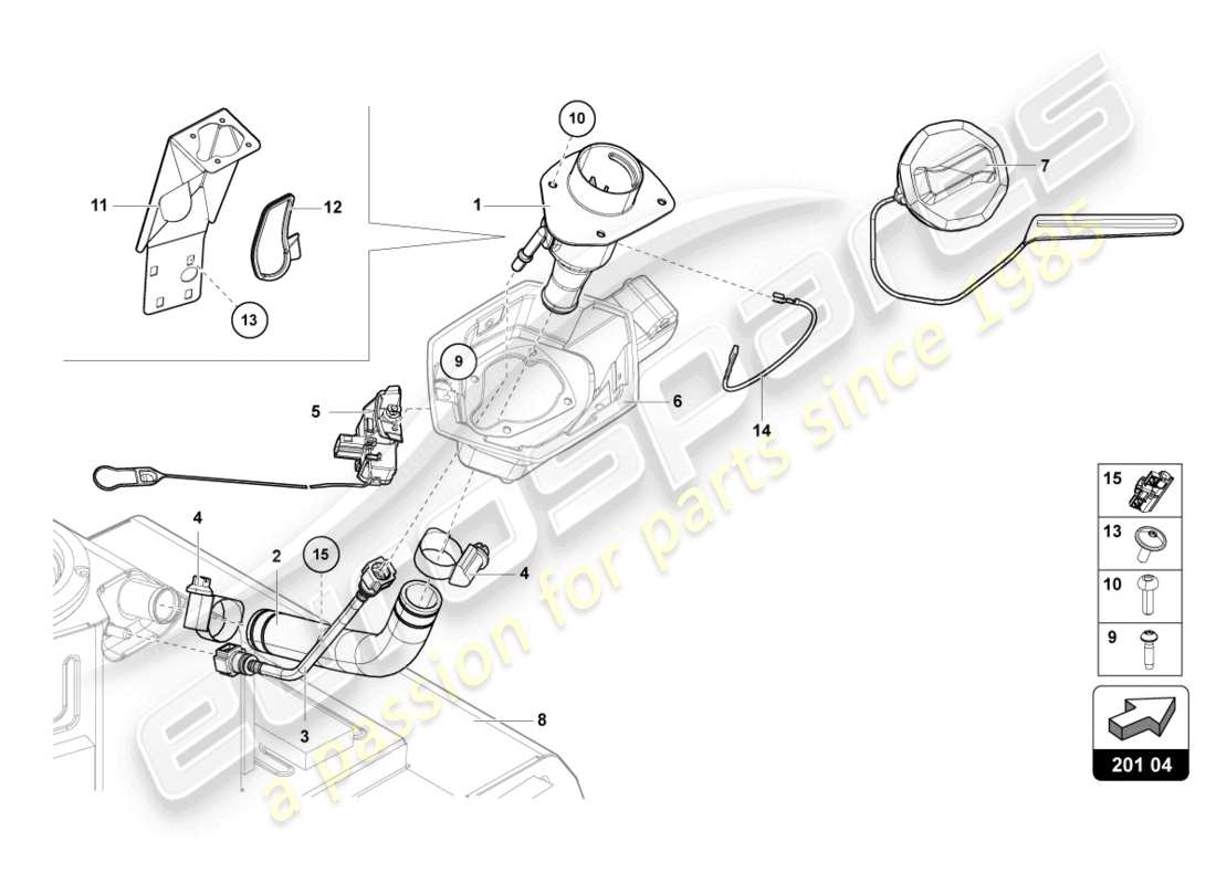 lamborghini 2022 (lp770-4 svj roadster) cuello de llenado de combustible con restric diagrama de piezas