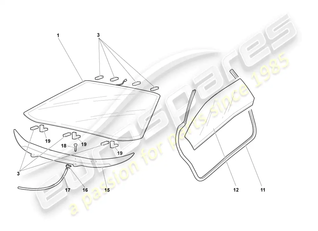 lamborghini murcielago roadster (2006) vidrios de ventanas diagrama de piezas