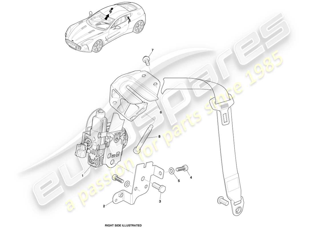 aston martin one-77 (2011) diagrama de piezas de los cinturones de seguridad delanteros