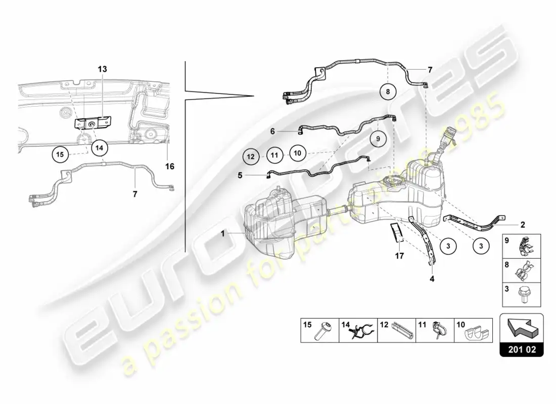 lamborghini lp580-2 spyder (2016) para sujetadores de tanque de combustible y línea de combustible diagrama de piezas