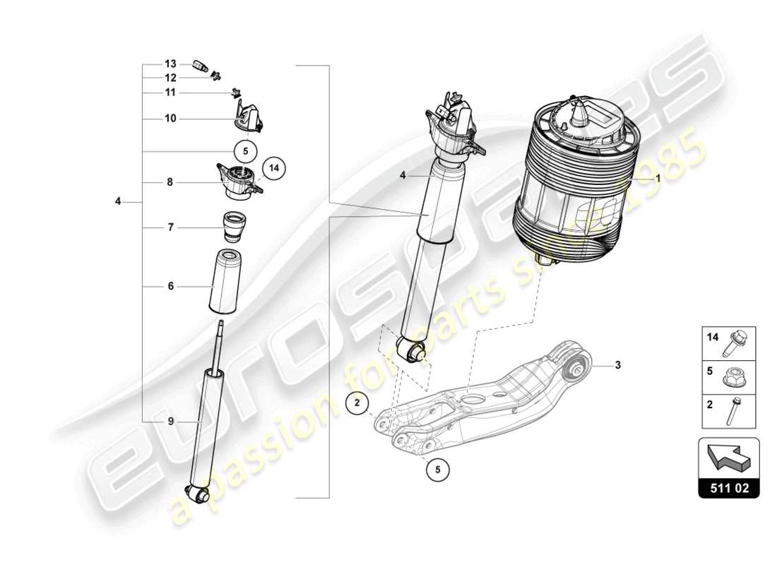 lamborghini urus (2021) amortiguador trasero diagrama de piezas
