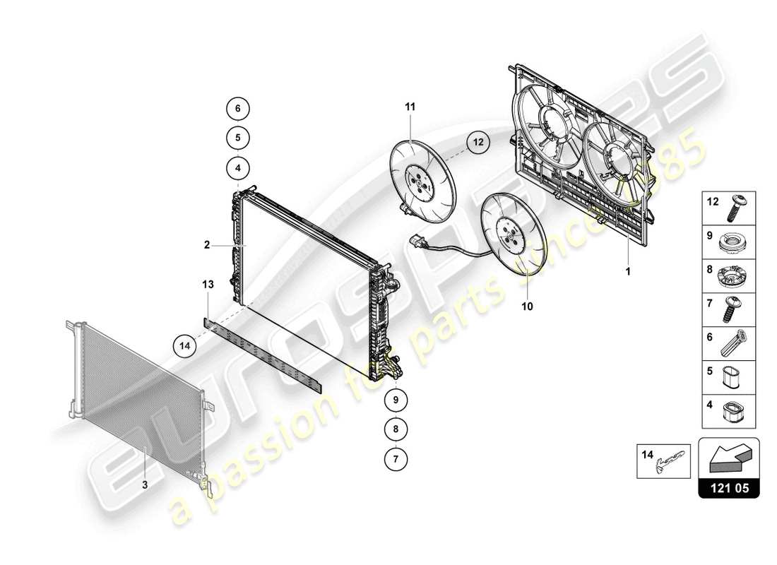 lamborghini urus (2021) diagrama de piezas del ventilador del radiador