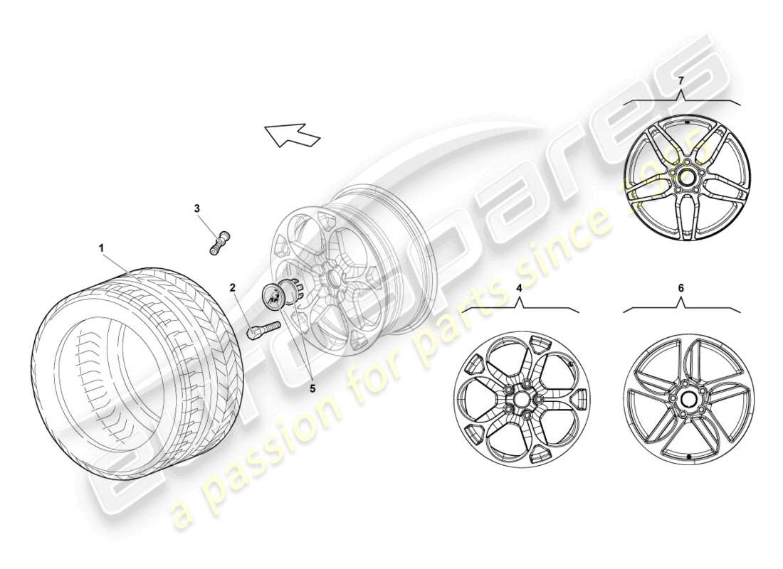 lamborghini lp640 coupe (2009) diagrama de piezas de la llanta de aluminio delantera