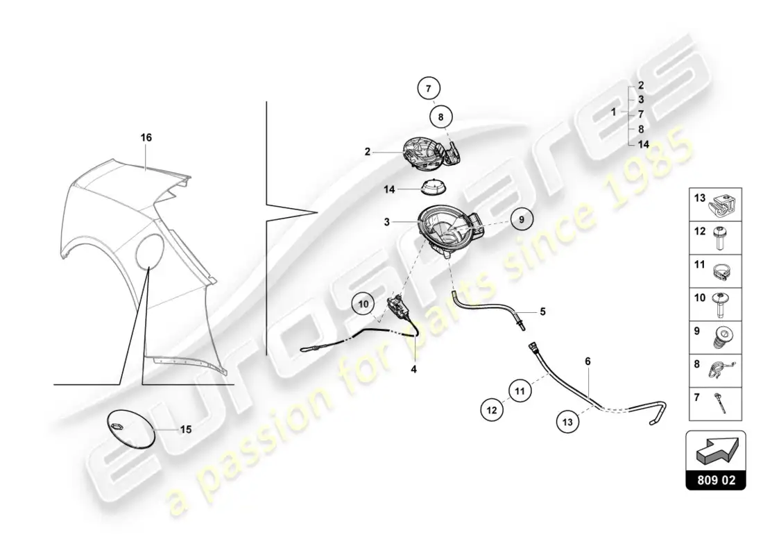 lamborghini evo spyder 2wd (2020) tapa de llenado de combustible diagrama de piezas