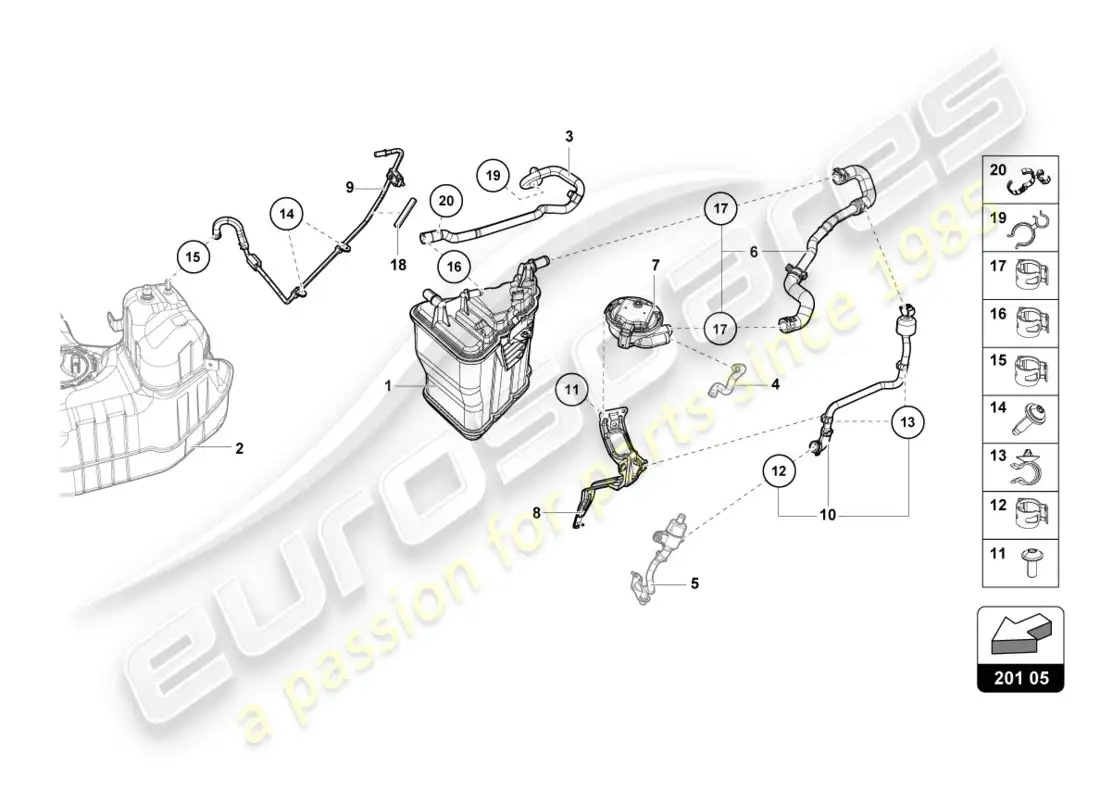 lamborghini lp580-2 coupe (2019) contenedor de carbón activado diagrama de piezas