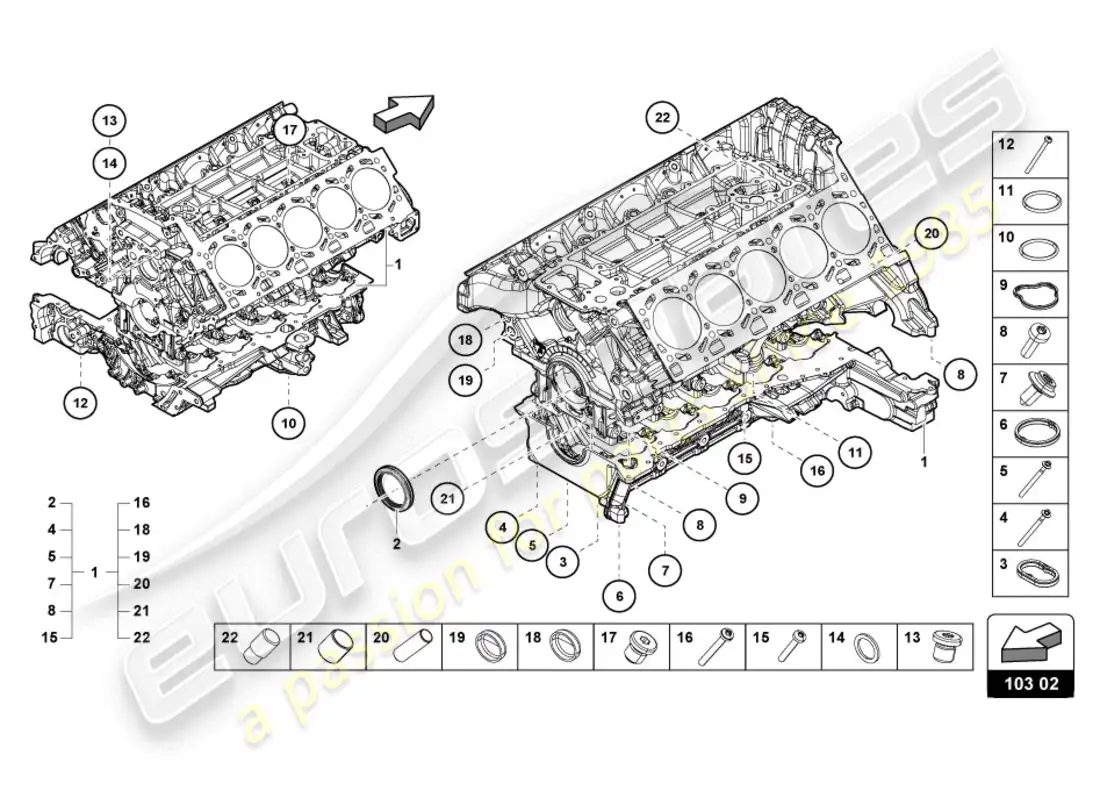lamborghini lp610-4 coupe (2018) bloque de motor diagrama de piezas