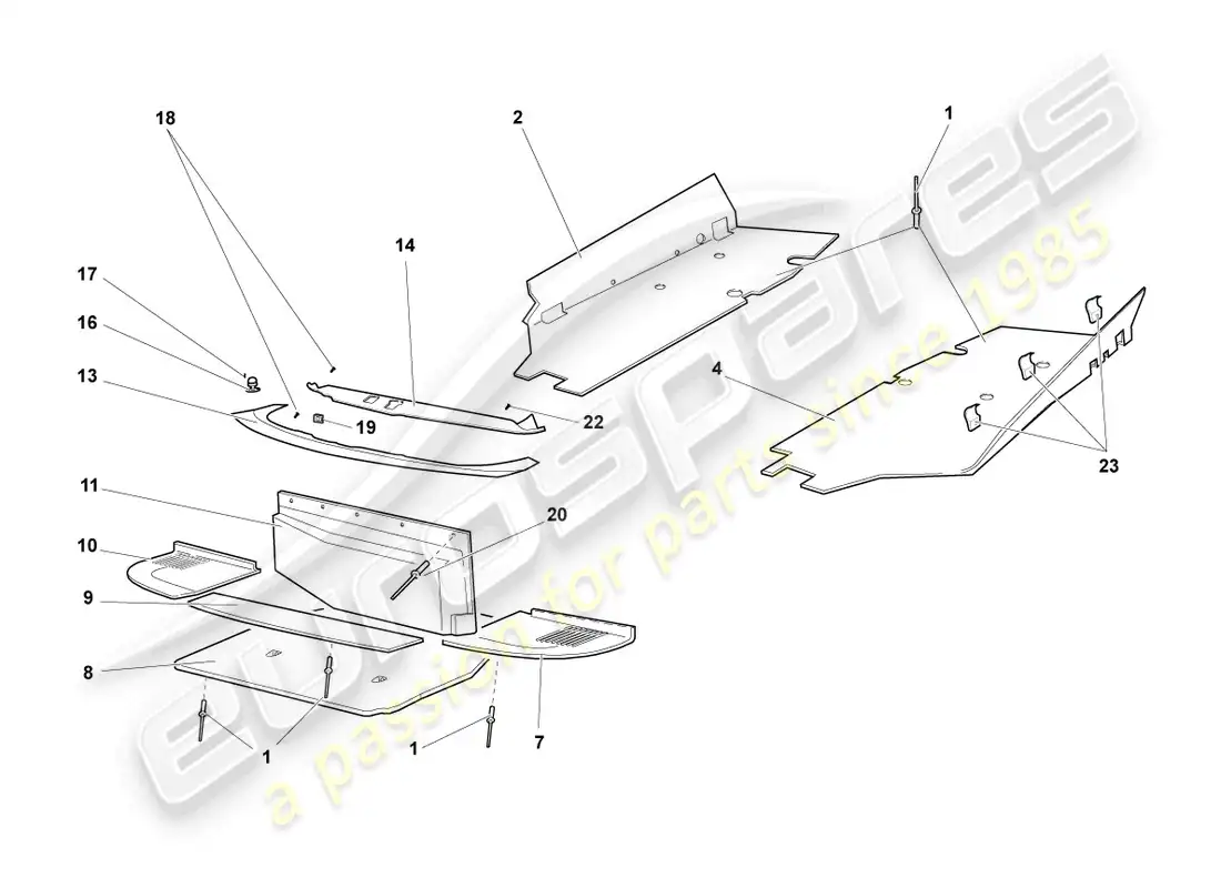 lamborghini murcielago coupe (2004) protección térmica para panel de suelo diagrama de piezas