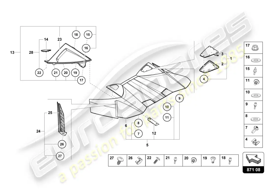 lamborghini evo spyder (2020) conv. superior, cubierta de bisagra diagrama de piezas