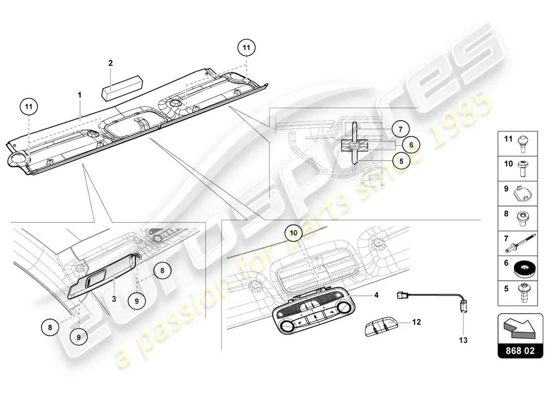 lamborghini lp720-4 coupe 50 (2014) diagrama de piezas del guarnecido del marco del techo