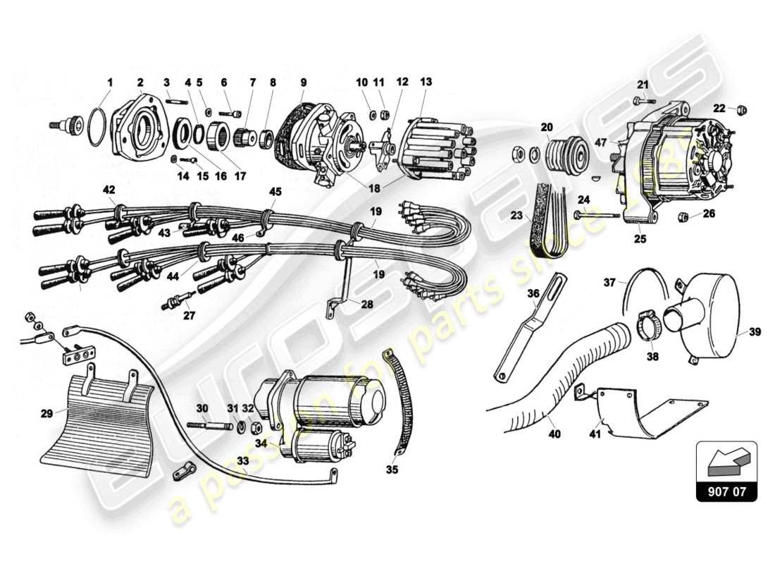 un diagrama de piezas del catálogo de piezas del Lamborghini Countach 25th aniversario (1989)