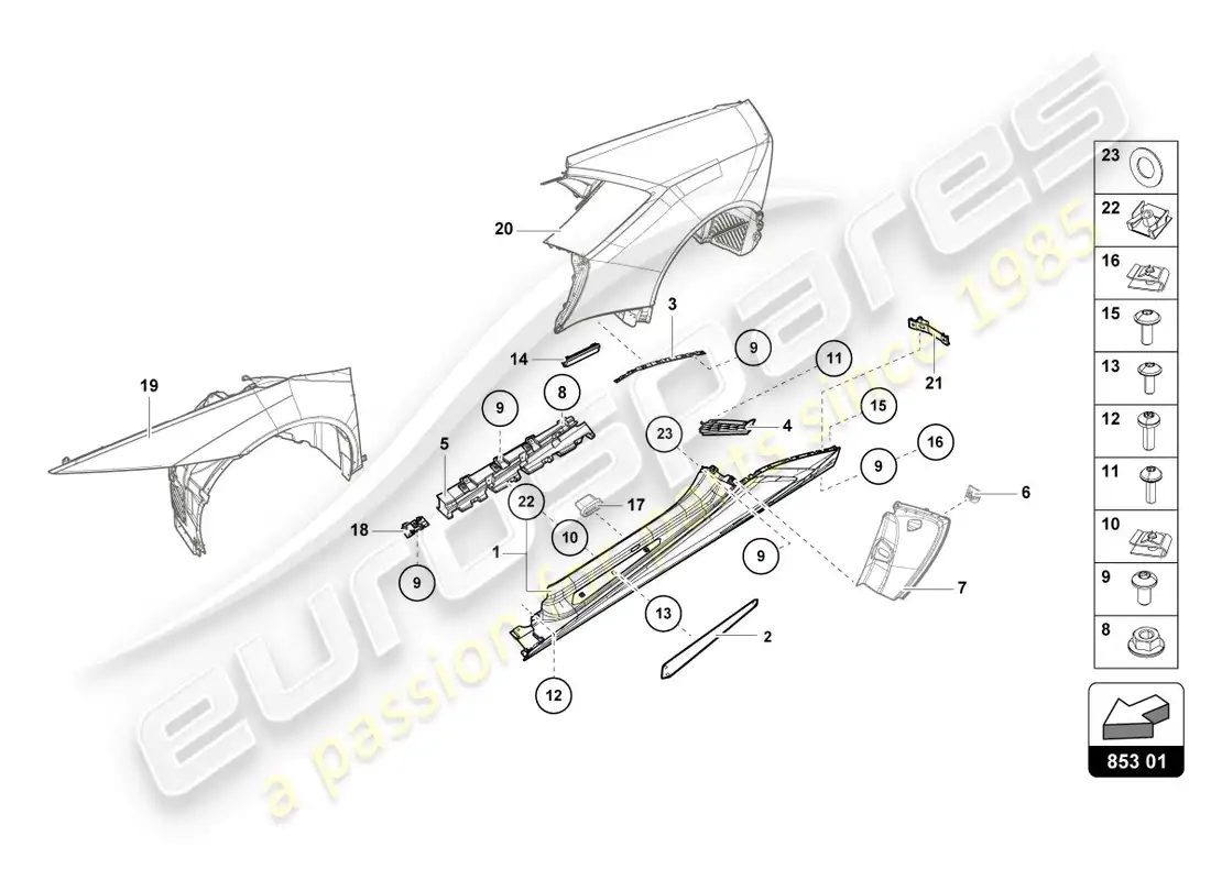 lamborghini lp610-4 coupe (2016) lateral externo inferior para pasaje de rueda diagrama de piezas