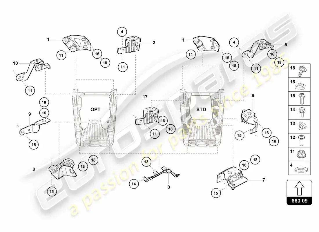 lamborghini performante coupe (2020) fijación de piezas para motor diagrama de piezas