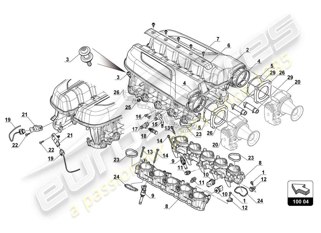 lamborghini 2017 (gt3) diagrama de piezas del colector de admisión de aire