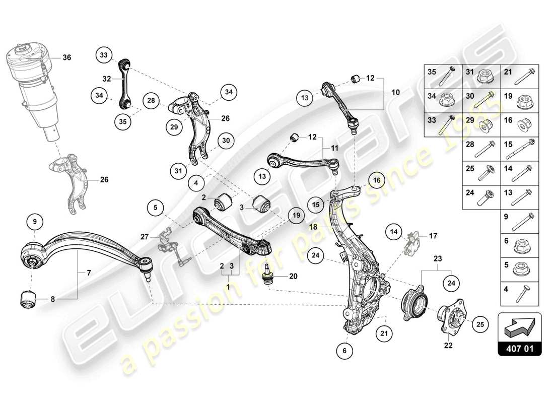 lamborghini urus (2022) diagrama de piezas de suspensión delantera