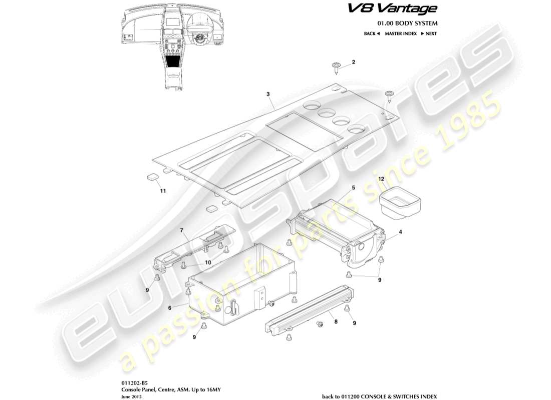 aston martin v8 vantage (2018) consola frontal, asm, a diagrama de pieza 16my