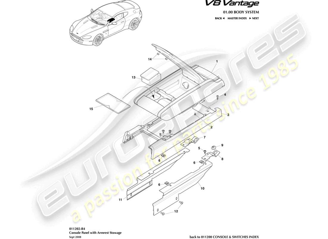 aston martin v8 vantage (2018) diagrama de piezas de la consola central con apoyabrazos
