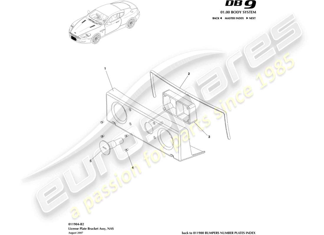 aston martin db9 (2008) soportes de matrícula, diagrama de piezas de nas