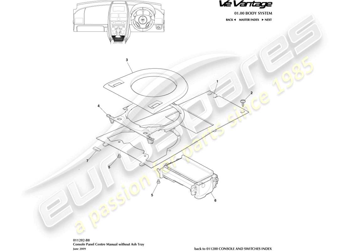 aston martin v12 vantage (2011) diagrama de piezas de la consola delantera, sin cenicero