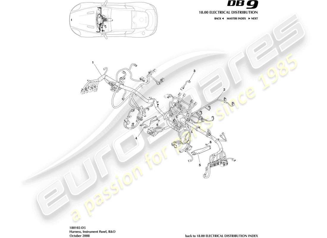 aston martin db9 (2005) arnés ip, diagrama de piezas b y o