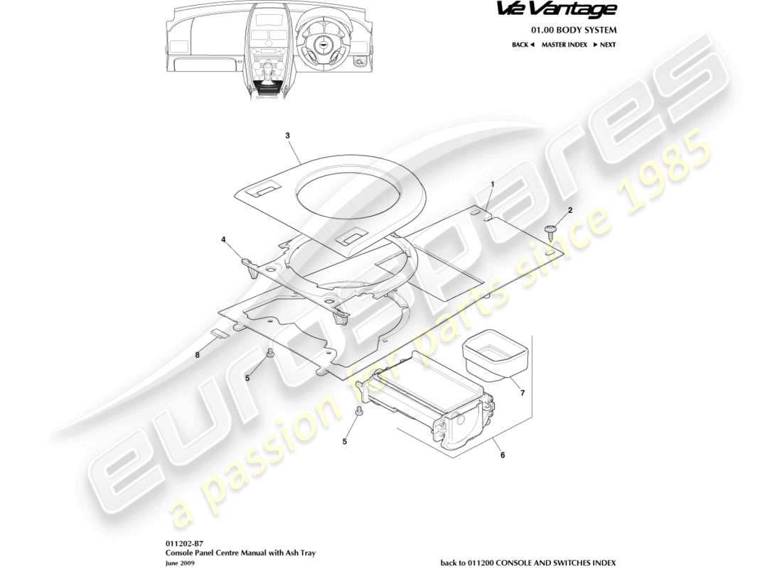 aston martin v12 vantage (2013) diagrama de piezas de la consola delantera con cenicero