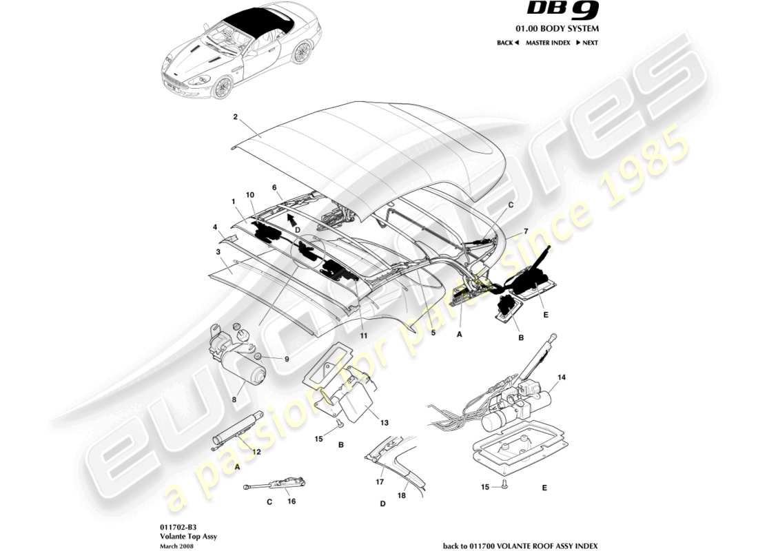 aston martin db9 (2008) diagrama de piezas del ensamblaje del techo volante