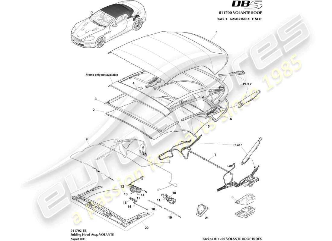 aston martin dbs (2008) montaje de techo volante diagrama de piezas