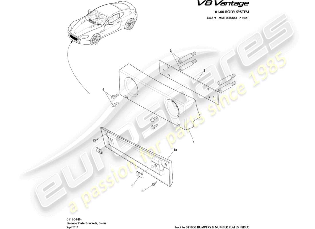 aston martin v8 vantage (2006) soportes de matrícula, diagrama de piezas suizas