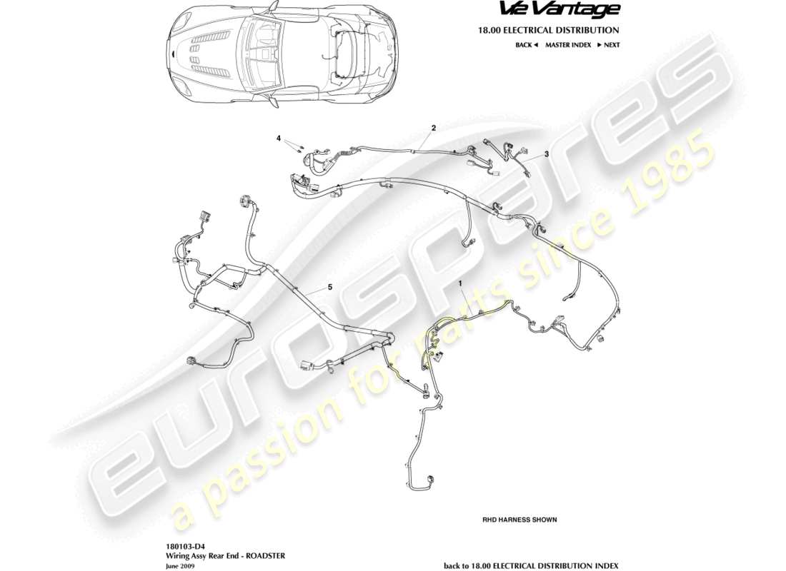 aston martin v12 vantage (2012) arnés del extremo trasero, diagrama de piezas del roadster