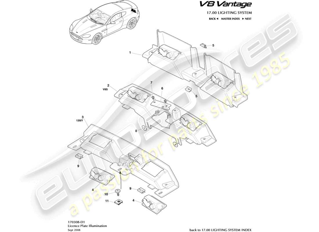 aston martin v8 vantage (2006) diagrama de piezas de las luces de la matrícula