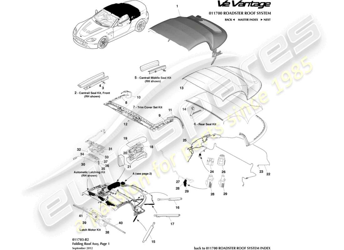 aston martin v12 vantage (2010) techo del roadster, página 1 diagrama de piezas