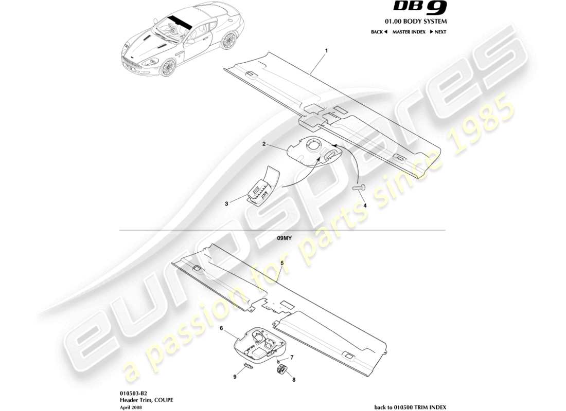 aston martin db9 (2008) ajuste del cabezal, diagrama de piezas del cupé
