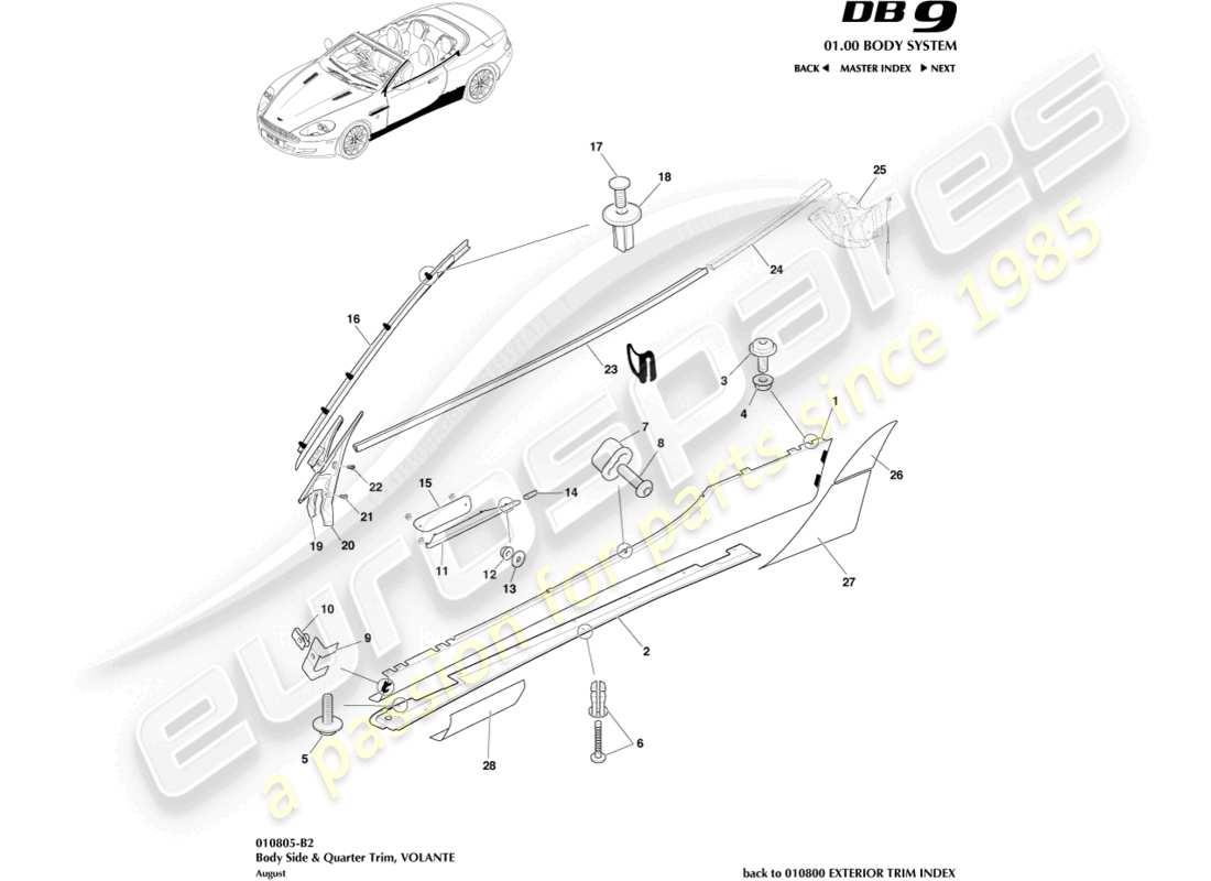 aston martin db9 (2009) molduras laterales y laterales, volante diagrama de piezas