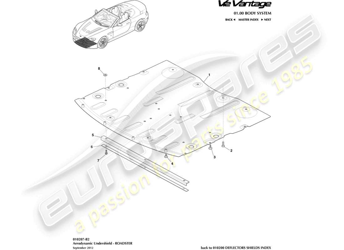 aston martin v12 vantage (2013) escudo inferior delantero, diagrama de piezas del roadster