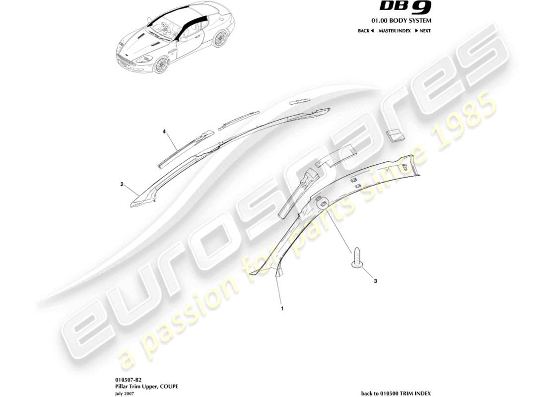 aston martin db9 (2006) guarnición del pilar, superior, diagrama de piezas del cupé