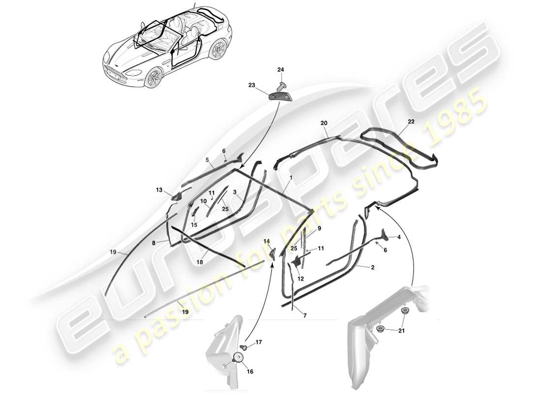 aston martin v8 vantage (2005) burletes dinámicos, diagrama de piezas del roadster