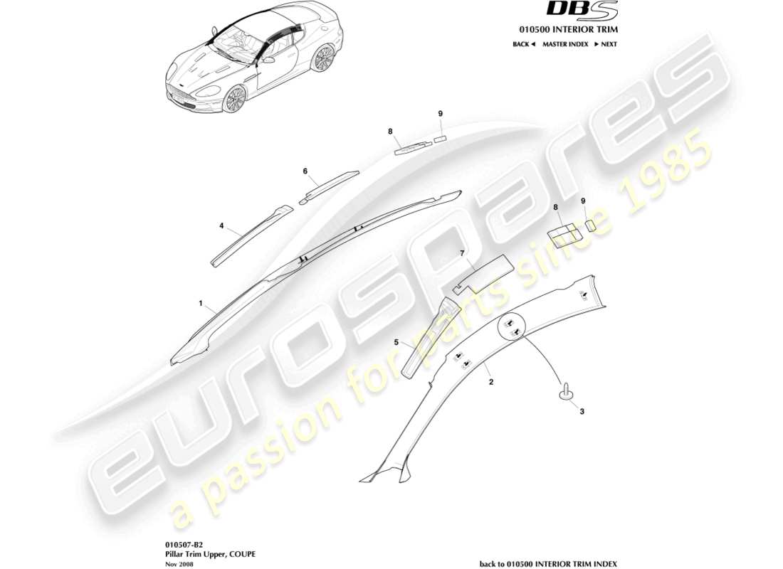 aston martin dbs (2008) moldura de pilar, superior, cupé diagrama de piezas