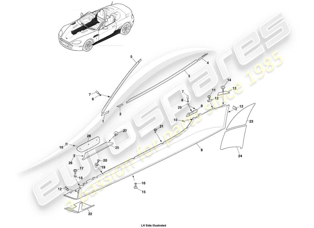 aston martin v8 vantage (2005) adornos laterales y laterales de la carrocería, diagrama de piezas del roadster