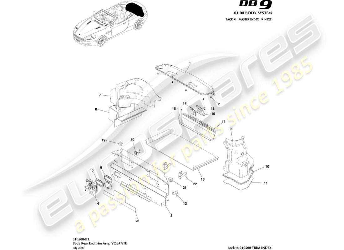 aston martin db9 (2007) rear end trim, volante diagrama de piezas