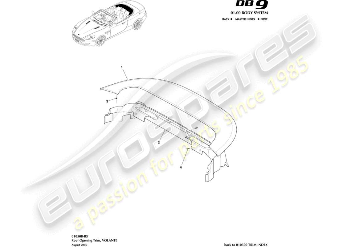 aston martin db9 (2005) diagrama de piezas de moldura de abertura de techo